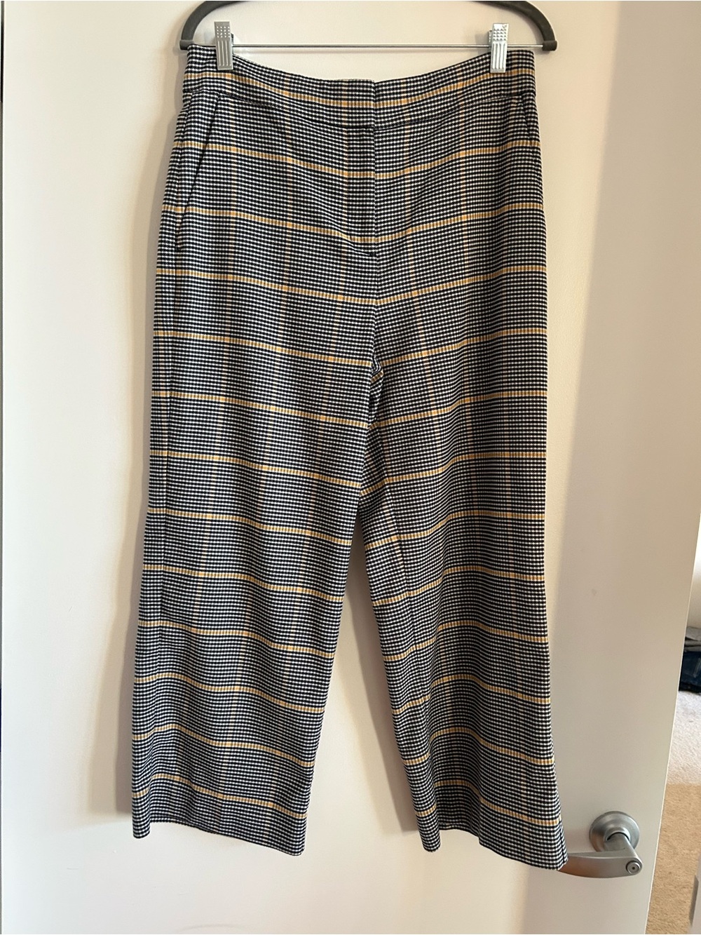 Yellow-Black Checkered Wide-Leg Cropped Women’s Dress Pants